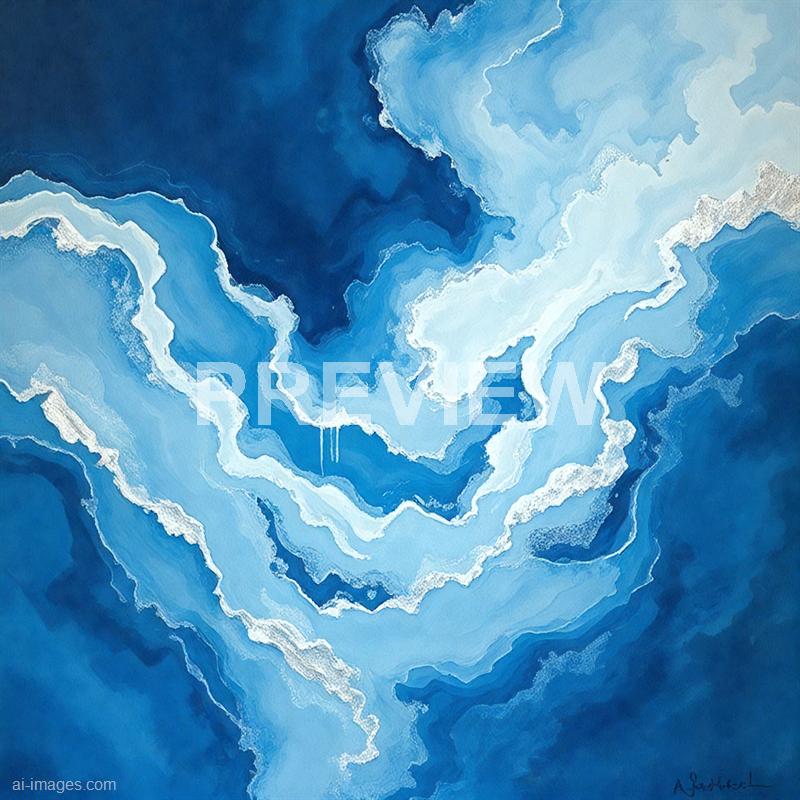 The image is an abstract painting featuring swirling shades of blue, white, and hints of beige. The composition resembles a dynamic, flowing pattern with layered, cloud-like formations that create a sense of depth and movement across the canvas. The brushstrokes and color transitions evoke a turbulent, oceanic or sky-like scene, emphasizing fluidity and energy.